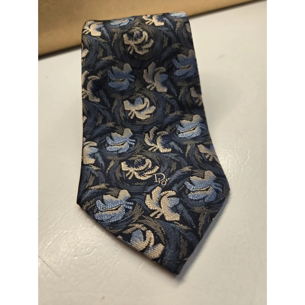 Christian Dior Monsieur Necktie Brown Blue Floral Abstract Pattern Men's Tie